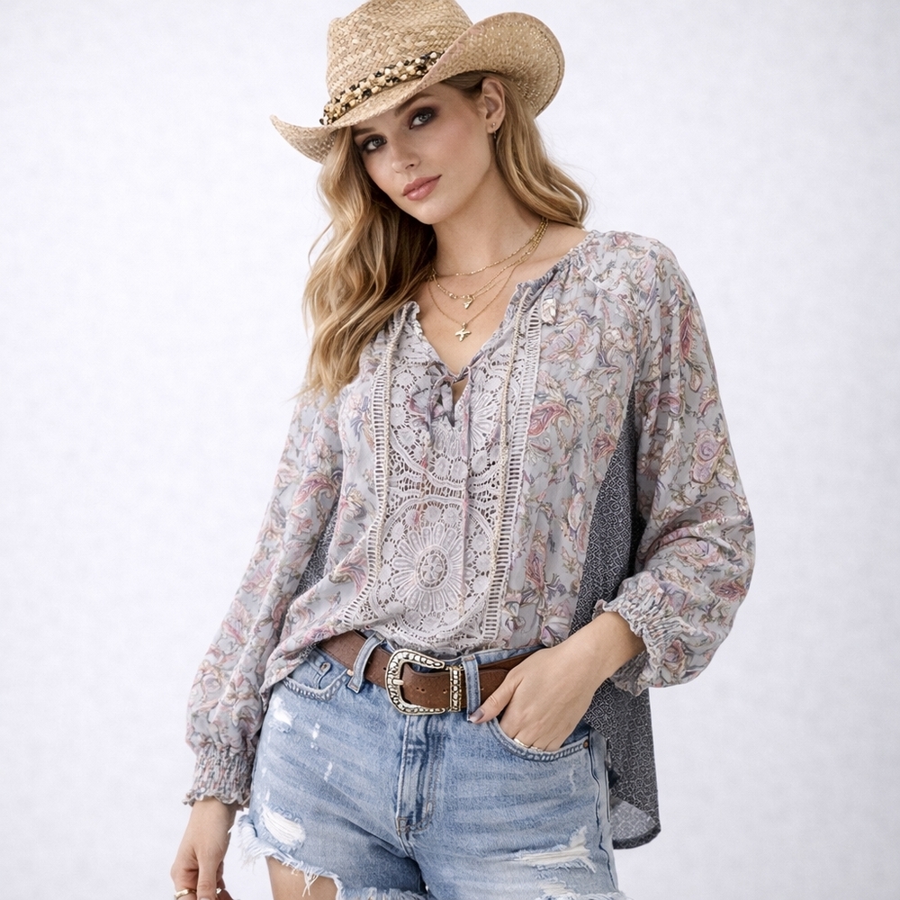 Cynthia Rowley Gray and Pink Paisley Peasant Blouse Embroidered Lace Detail